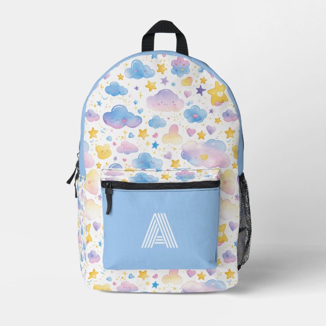 Stars And Blue Clouds Watercolor Kids Printed Backpack (Front)