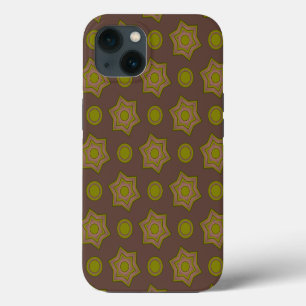Stars and circles in brown and green iPhone 13 case