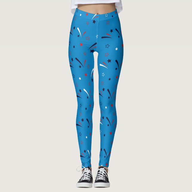 Stars and Fireworks Pattern Blue Party Leggings (Front)