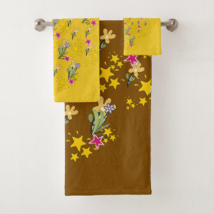 Stars And Flowers Brown Yellow Bath Towel Set