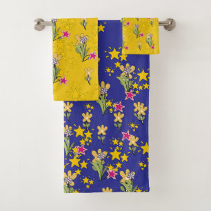Stars And Flowers Deep Blue Yellow  Bath Towel Set
