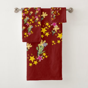 Stars And Flowers Dk Red  Bath Towel Set