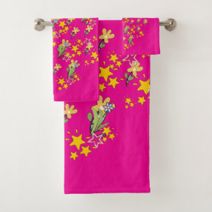 Stars And Flowers Hot Pink Bath Towel Set
