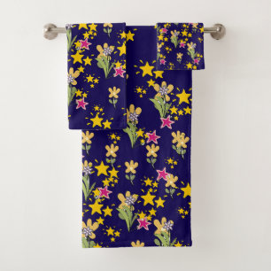 Stars And Flowers Navy Blue Bath Towel Set