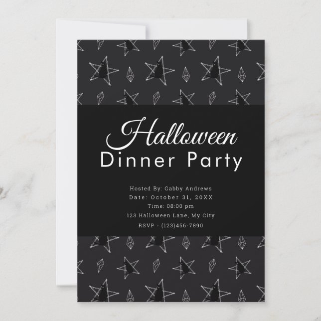 Stars and Jewels Black Halloween Dinner Party Invitation (Front)