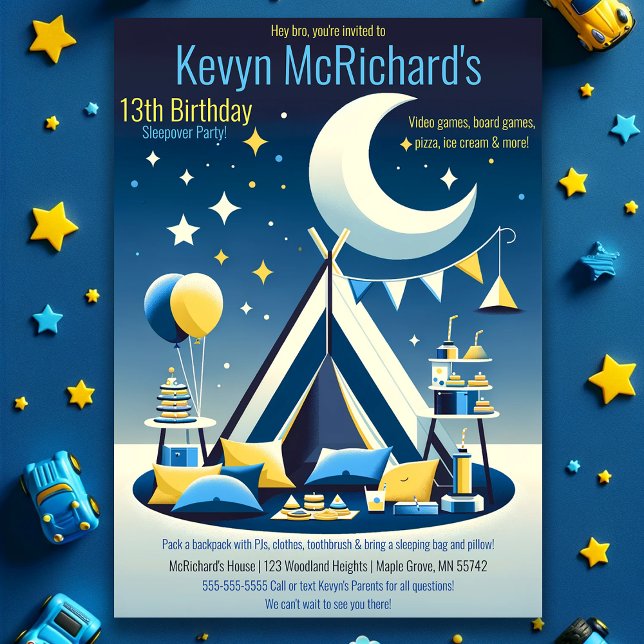 Stars and Moon Boys Teepee Sleepover Party Invitation (Available both in Print and Instant Download)