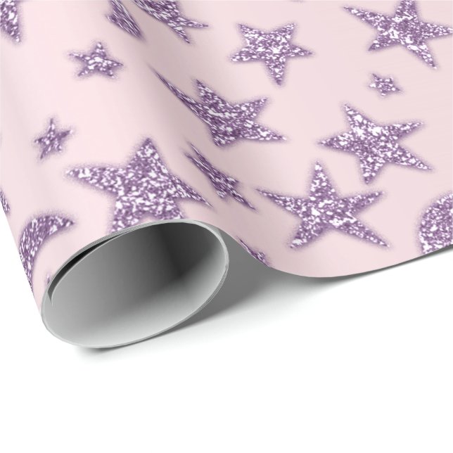 Stars And Moon Pink Blue Navy Sparkly Lavender Wrapping Paper (Roll Corner)