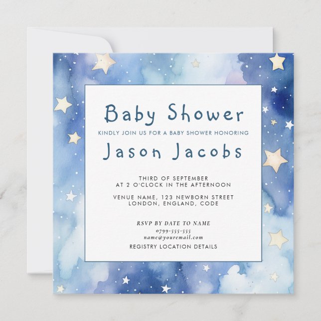 Stars and night sky baby shower blue invitation (Front)