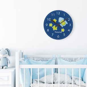 Stars and Rocket Nursery Monogrammed Round Clock
