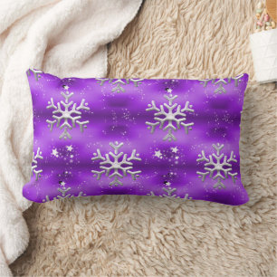 Stars and Silver Snowflakes Purple Christmas Lumbar Cushion