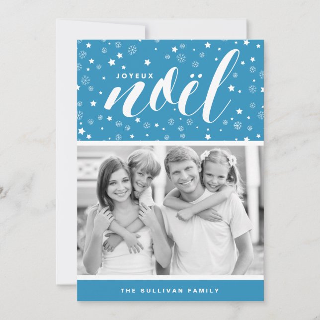 Stars and Snowflakes Joyeux Noël Blue Holiday Card (Front)