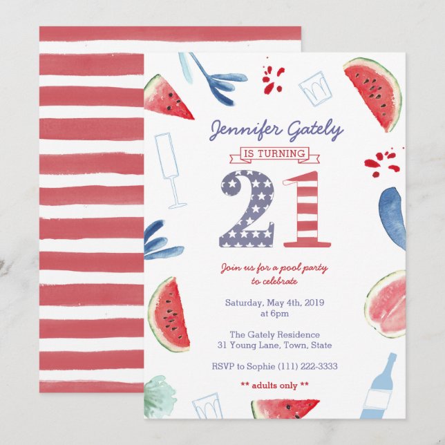 Stars and Stripes 21st Birthday Pool Party Invitation (Front/Back)