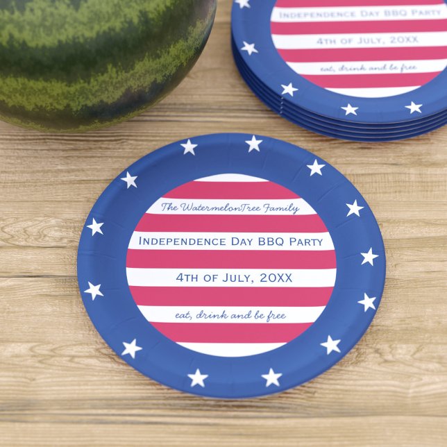 Stars and Stripes 4th of July Red White and Blue Paper Plate (Stars and stripes! Just add your party details to this red white and blue patriotic paper plate)