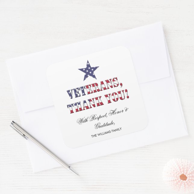 Stars and Stripes American Veterans Thank You Square Sticker (Envelope)