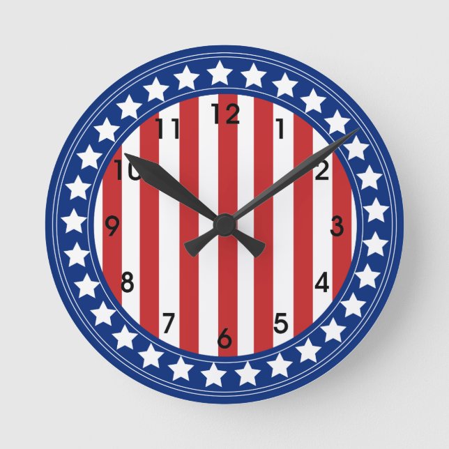 Stars and Stripes Americana Pattern Round Clock (Front)