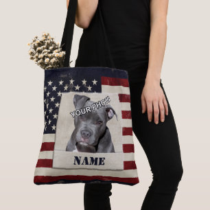 Stars and Stripes Dog Photo Vintage Pet Memorial Tote Bag