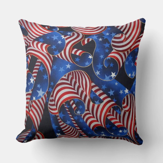 Stars and Stripes Patriotic Curls Throw Pillow (Front)