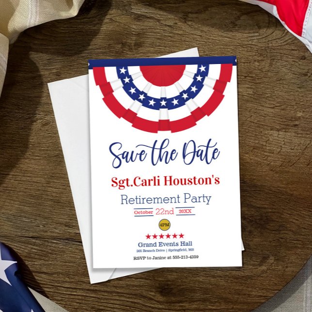 Stars and Stripes Save the date Retirement Party Card (Creator Uploaded)