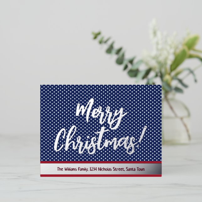 Stars and Stripes Silver Script Merry Christmas Foil Holiday Postcard (Standing Front)