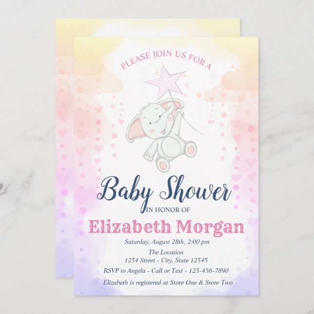 Stars, Baby Girl Elephant  Baby Shower Invitation (Front/Back)