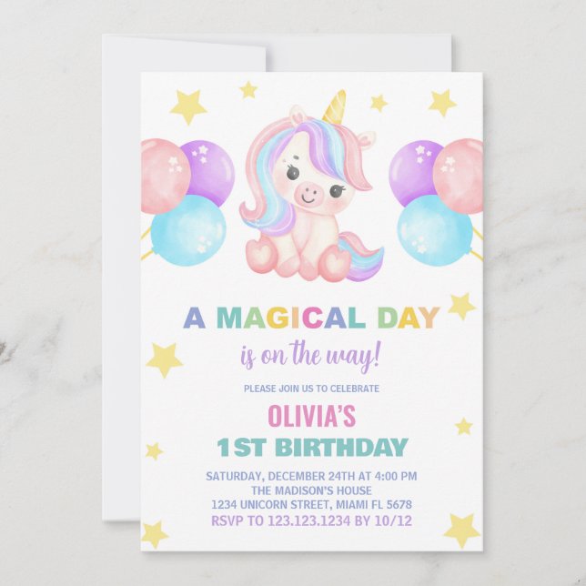 Stars Ballons Unicorn Birthday Invitations (Front)