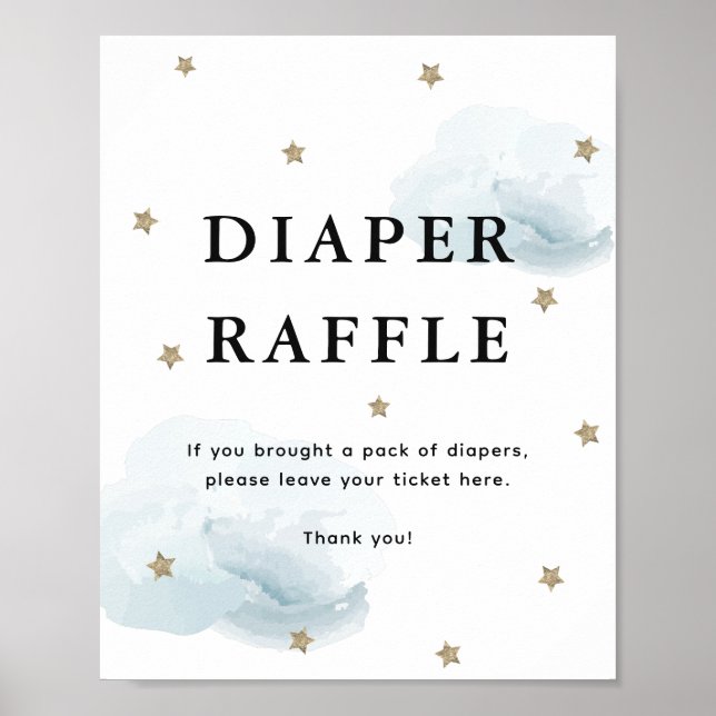 Stars & Blue Clouds Baby Shower Diaper Raffle Poster (Front)