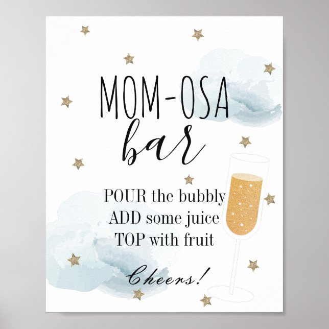 Stars & Blue Clouds Baby Shower Mom-osa Bar Poster (Front)