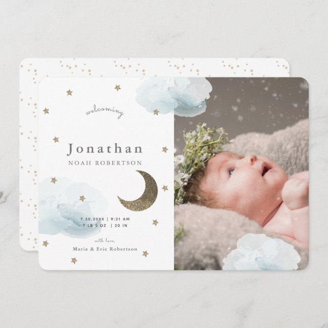 Stars & Blue Clouds Photo Boy Baby Announcement (Front/Back)