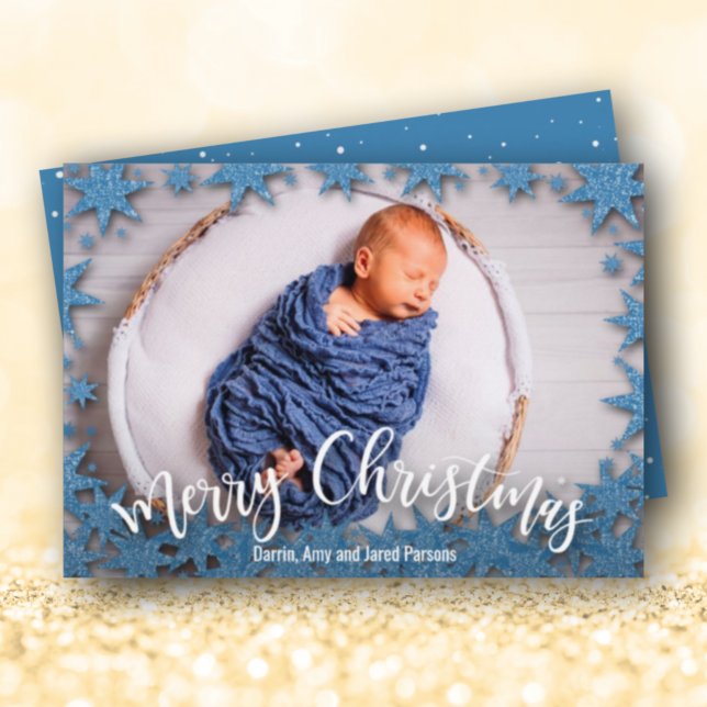 Stars Blue Faux Glitter Christmas Photo Holiday Card (Creator Uploaded)