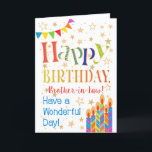 Stars, Bunting, Candles Brother-in-Law Birthday Card<br><div class="desc">A colourful, text-based Birthday Card for a Brother-in-Law, with Polka Dot Bunting, bright, striped birthday cake candles and sprinkled with gold-effect stars. The patterned text says, 'Happy Birthday' and there is also 'Have a wonderful day!' in blue lettering (NB the gold effect stars and outlines will be as seen and...</div>