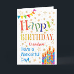 Stars, Bunting, Candles for Grandson Birthday Card<br><div class="desc">A colourful, text-based Birthday Card for a Grandson, with Polka Dot Bunting, bright, striped birthday cake candles and sprinkled with gold-effect stars. The patterned text says, 'Happy Birthday' and there is also 'Have a wonderful day!' in blue lettering (NB the gold effect stars and outlines will be as seen and...</div>