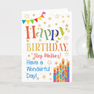 Stars, Bunting, Candles for Stepmother Birthday Card