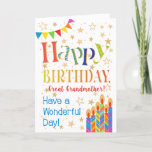 Stars, Bunting, Candles Great Grandma Birthday Card<br><div class="desc">A colourful, text-based Birthday Card for a Great Grandmother, with Polka Dot Bunting, bright, striped birthday cake candles and sprinkled with gold-effect stars. The patterned text says, 'Happy Birthday' and there is also 'Have a wonderful day!' in blue lettering (NB the gold effect stars and outlines will be as seen...</div>