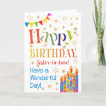 Stars, Bunting, Candles Sister-in-Law Birthday Card<br><div class="desc">A colourful, text-based Birthday Card for a Sister-in-Law, with Polka Dot Bunting, bright, striped birthday cake candles and sprinkled with gold-effect stars. The patterned text says, 'Happy Birthday' and there is also 'Have a wonderful day!' in blue lettering (NB the gold effect stars and outlines will be as seen and...</div>