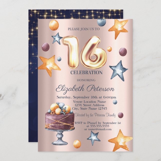 Stars Cake Navy Blue Rose Gold Sweet 16 Invitation (Front/Back)