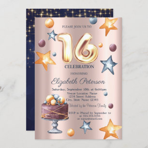 Stars Cake Navy Blue Rose Gold Sweet 16 Invitation