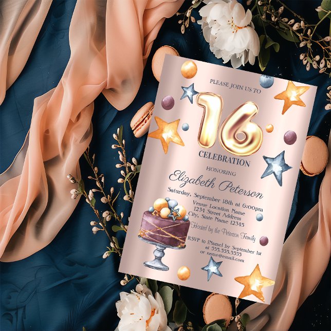 Stars Cake Rose Gold Balloons Sweet 16 Invitation (Creator Uploaded)