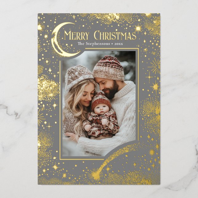 Stars Celestial Magical Merry Christmas Photo Foil Holiday Card (Front)