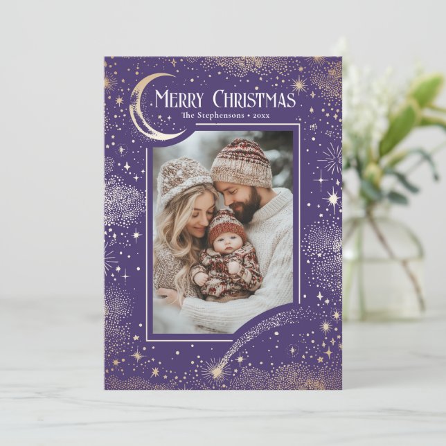 Stars Celestial Magical Merry Christmas Photo Holiday Card (Standing Front)