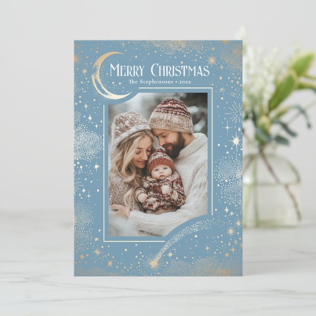 Stars Celestial Magical Merry Christmas Photo Holiday Card (Standing Front)