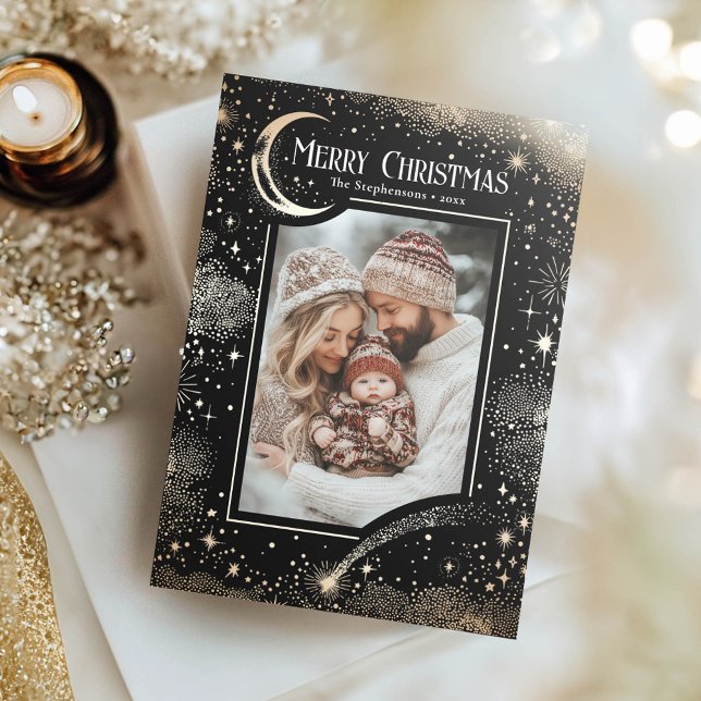 Stars Celestial Magical Merry Christmas Photo Holiday Card (Black Christmas Photo Card)