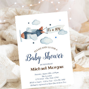 Stars,Clouds,Aeroplane Gold Glitter Baby Shower Invitation