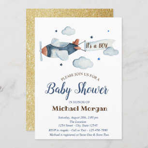 Stars,Clouds,Aeroplane Gold Glitter Baby Shower Invitation