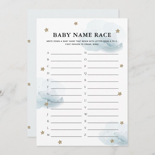 Stars & Clouds Baby Name Race Shower Game Card (Front/Back)