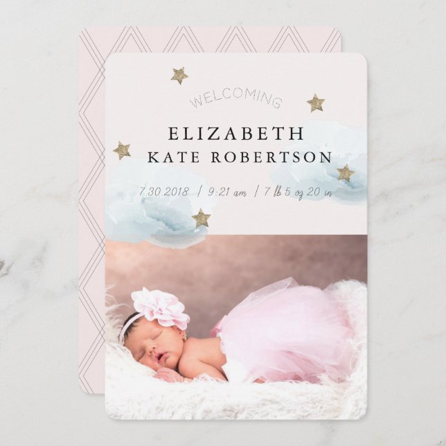 Stars & Clouds Girl Pink Birth Announcement Card (Front/Back)