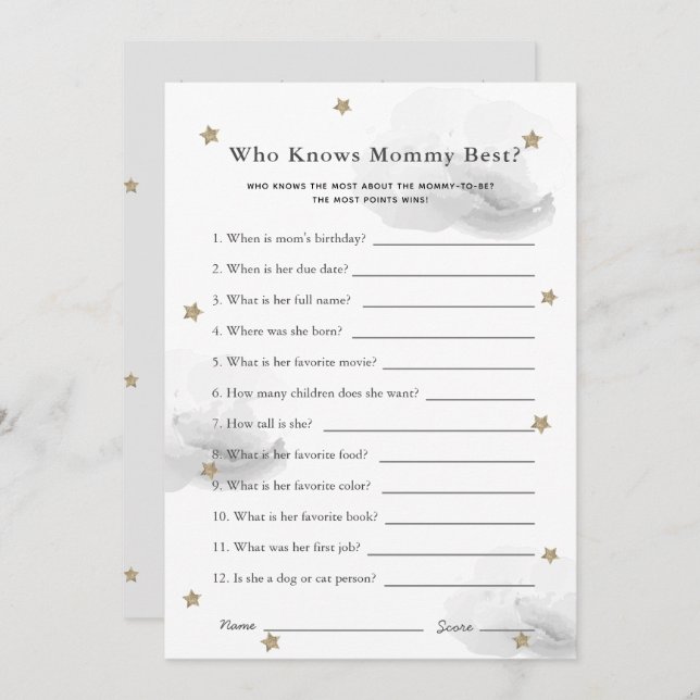 Stars & Clouds Who Knows Mum Shower Game Grey Card (Front/Back)