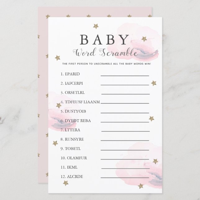 Stars & Clouds Word Scramble Baby Shower Pink Game (Front/Back)