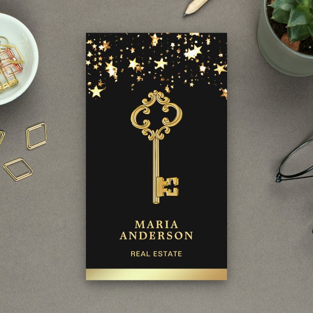 Stars Confetti Chic Gold Antique Key Real Estate Business Card (Creator Uploaded)