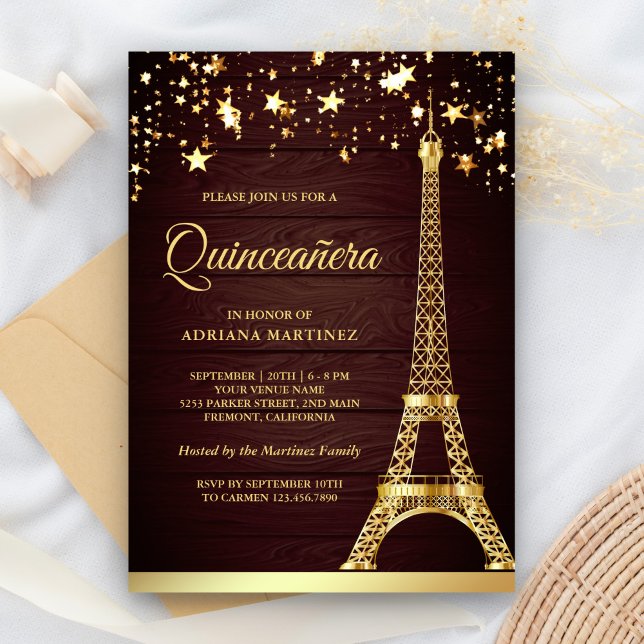 Stars Confetti Gold Foil Eiffel Tower Quinceanera Invitation (Creator Uploaded)