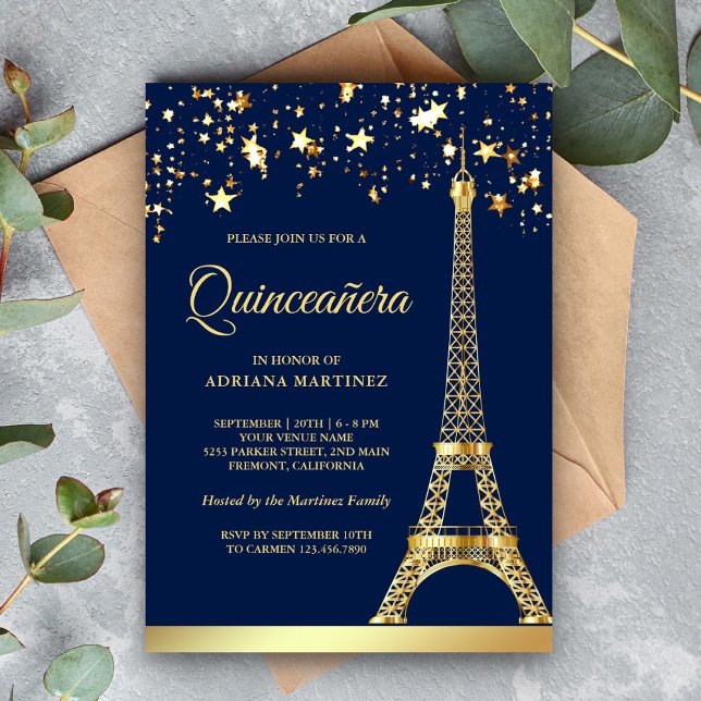 Stars Confetti Gold Foil Eiffel Tower Quinceanera Invitation (Creator Uploaded)